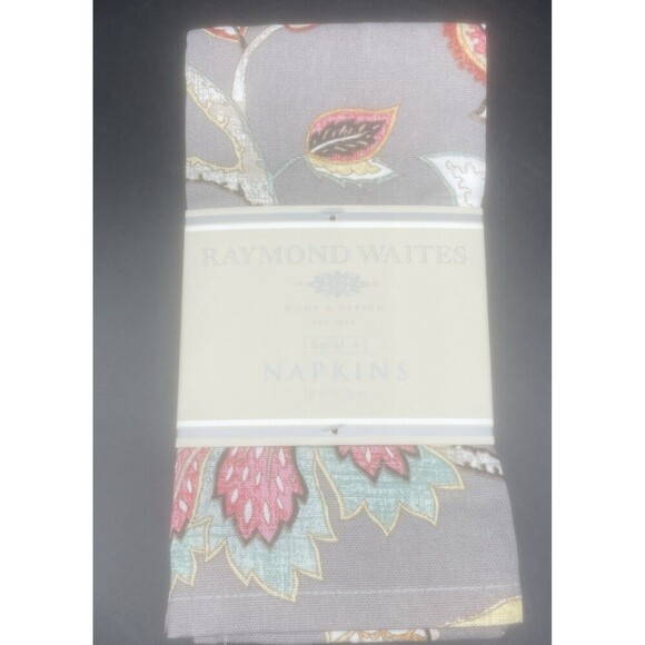 Raymond Waites Square Floral Cloth Napkins Gray Coral Gold Aqua White 19” NEW - Picture 1 of 3